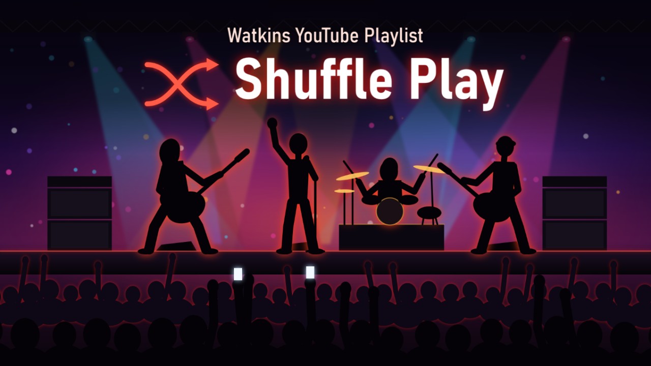 Shuffle Play: a band on stage in silhouette under coloured stage lights, with the shuffle logo